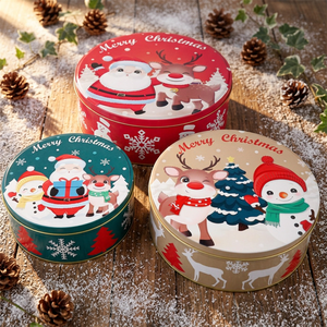 Factory Made Christmas Custom Food Grade Eco-friendly Round <b>Metal</b> With Lid Recyclable Tin Can for Cookie Candy - Product Image 1