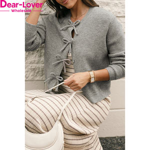 Cárdigan de Punto Acanalado Rojo Intenso con Lazo y Botones Delanteros para Mujer, Venta al por Mayor, Almacén en EE. UU., Dear-Lover - Product Image 1