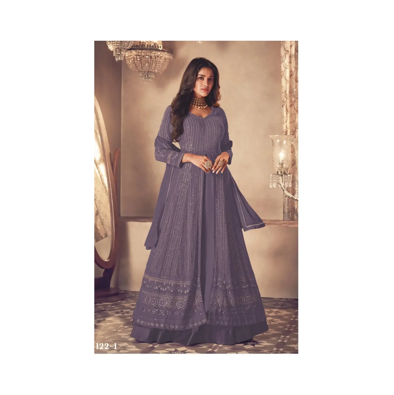 Pesante finto Georgette e Santoon ricamo lavoro Noor Gold abito Anarkali Salwar Kameez per le donne dall'India