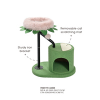 Arbre d'activités pour chat de petite taille avec base verte, perchoir rose, colonnes métalliques robustes et jouet en sisal