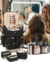 Valise cosmétique professionnelle Relavel en PVC, roulettes rotatives à 360°, 4 poches transparentes, séparateurs réglables, poignée souple écologique