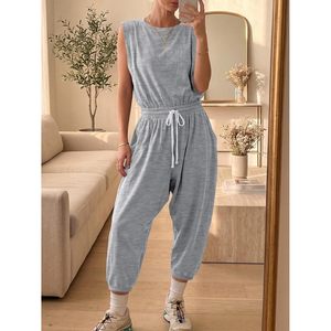 Mono casual sin mangas para mujer, de verano, de cintura alta, con cordón, holgado, de punto, para hacer ejercicio, de una pieza, transpirable - Product Image 5