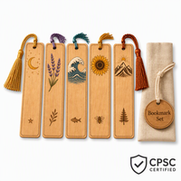 Ensemble de 5 marque-pages personnalisés en contreplaqué peuplier découpés au laser, motifs Lune, Lavande, Vague, Montagne, cadeau pour les amateurs de livres et le journaling, conforme CPSC, DDP