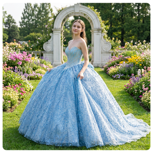 Vestido de Quinceañera Dy1384 Azul Claro de Gasa con Cuentas de Cristal, Flores 3D, Estilo Princesa, Antiestático, con Volantes y Corsé para Fiesta - Product Image 1