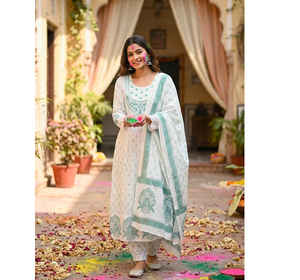 Ensemble Anarkali Kurta imprimé floral vert sauge pour femme, tenue de fête ethnique, longue robe évasée avec dupatta, tenue de fête - Product Image 1