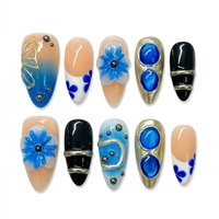 Lot de 10 faux ongles de luxe à presser, motif floral sombre 3D sculpté à la main, style Gothic Night Bloom, amovibles, pour la vente en gros