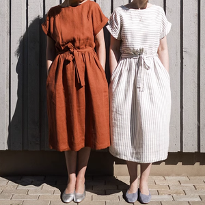 Robes pour femmes simples et personnalisées à col rond ceinture une pièce à manches courtes robes pour filles respirantes robes décontractées en lin ample - Product Image 1