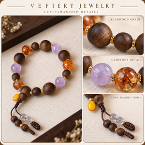 Bracelet en bois et pierres précieuses mélangées avec des perles cylindriques et un pompon perlé - Product Image 3