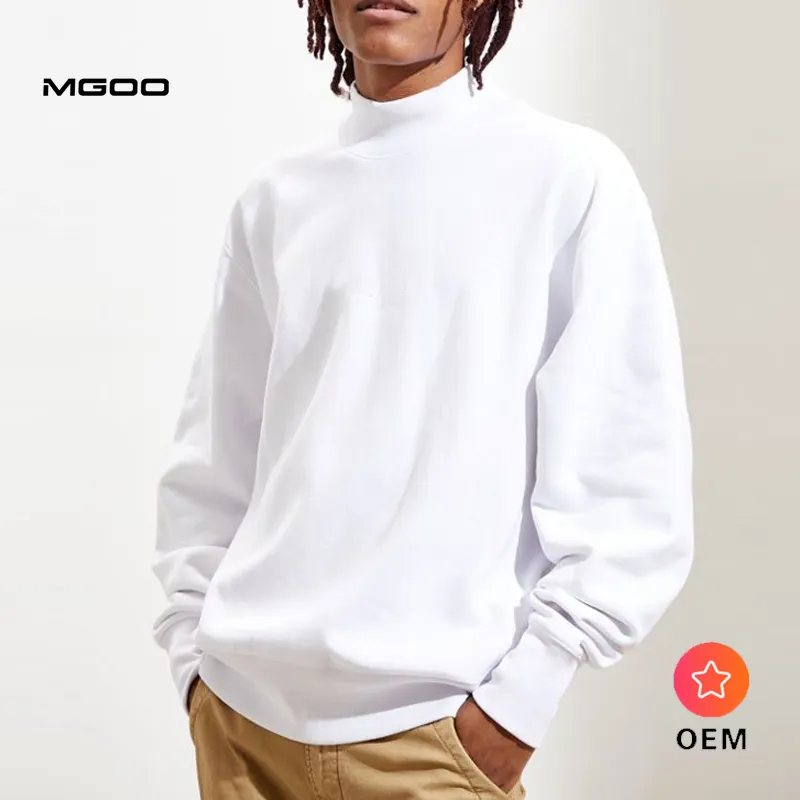 MGOO Oversized Streetwear Long Sleeve Plain White Fleece Pullover Mock Neck Sweatshirt