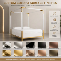 Lit à baldaquin en acrylique, taille Queen, avec colonnes en lucite transparente, pieds en acier inoxydable doré, revêtement en velours, style moderne et durable