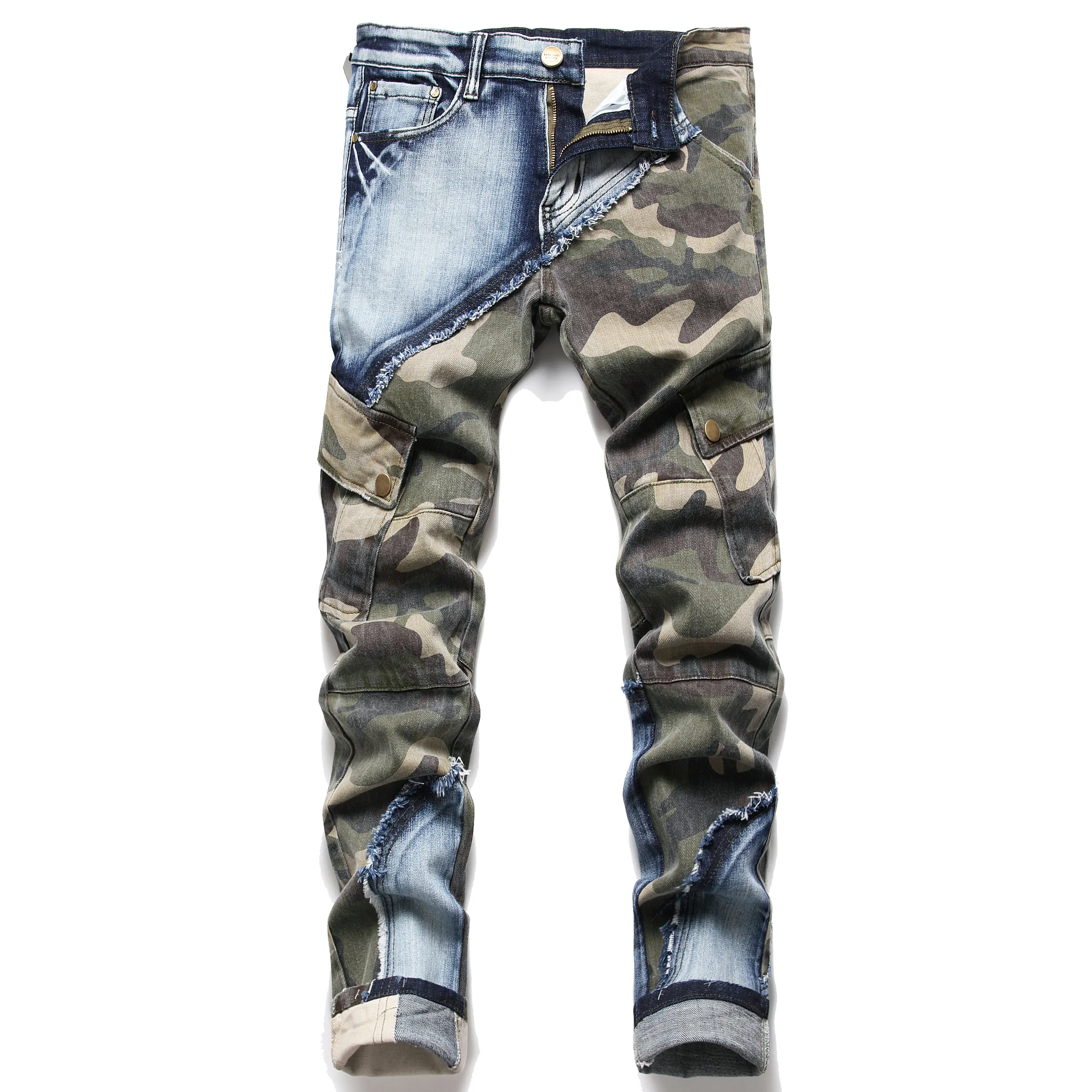 Herren Jeans Slim Straight Locomotive Camouflage Zipper Große Hose