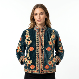 Chaqueta Corta de Invierno para Adolescentes y Mujeres, con Capucha, de Terciopelo Bordado a Mano, Estilo Vintage y Ecológico |   Abrigo Casual de Diseñador con Cuello Mandarín - Product Image 1