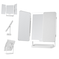 Espejo de Maquillaje LED con Control Táctil, Plegable en Tres Partes, Panel Principal Grande con Aumento, Bandeja de Almacenamiento, Ángulo Ajustable
