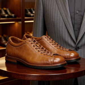 Zapatos Oxford de Cuero con Punta Redonda, Cordones, Transpirables, para Oficina y Trabajo, para Todas las Temporadas, Color Sólido, Suela de Goma, Forro de Cuero Genuino - Product Image 2