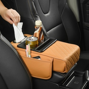 Boîte de rangement pour accoudoir central avant de voiture avec coussin rehausseur en cuir intégré, porte-gobelet et pochette de rangement pour mouchoirs pour les voyages en voiture - Product Image 5