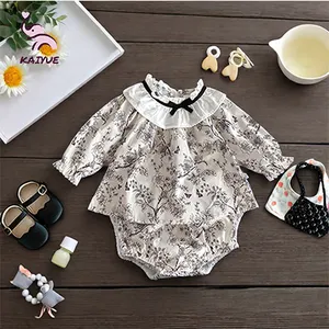 Newborn Baby Girl Summer Outfits Long Sleeve Flower Bodysuit Romper Overall Dress Set with Button Closure ODM Supply