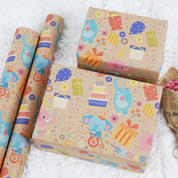 Papier d'emballage d'anniversaire sur le thème de l'éléphant, papier cadeau pour enfants à motifs de dessins animés, papier kraft écologique pour fête d'anniversaire d'enfants