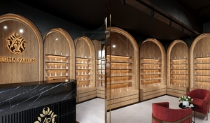 Étagères murales de luxe pour magasin, présentoir de parfums en <span class=keywords><strong>marbre</strong></span> noir brillant avec bande dorée - Product Image 4