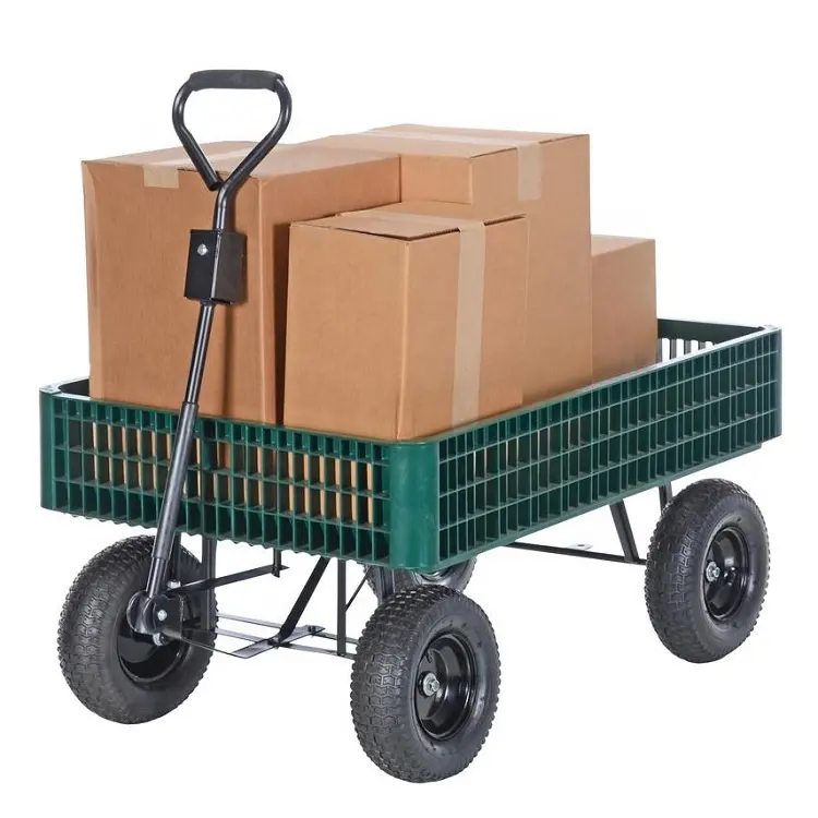 2 Wheel Garden Cart High Quality Heavy Duty Green 4 Wheel Plastic Tray Mesh Crate Garden Utility Wagon Carts With Long Handle
