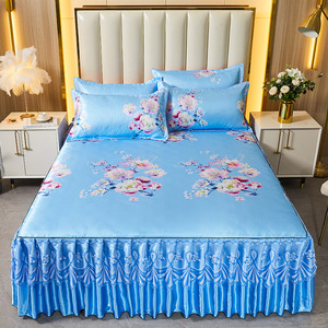 Juego de 3 Piezas de Ropa de Cama de Verano Azul Rey, Cubrecama Fresco, Falda de Cama, Sábanas de Seda Lavables a Máquina - Product Image 4
