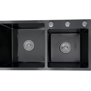 Évier <span class=keywords><strong>de</strong></span> cuisine double en acier inoxydable artisanal épaissi à texture <span class=keywords><strong>de</strong></span> grain <span class=keywords><strong>de</strong></span> <span class=keywords><strong>riz</strong></span>, design moderne à <span class=keywords><strong>trois</strong></span> trous - Product Image 3