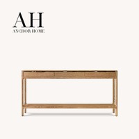 Console scandinave haut de gamme en chêne clair avec trois tiroirs, poignées en laiton vieilli, pieds courbés, étagère inférieure, pour salon, durable