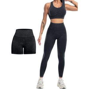 Conjunto de Yoga: Top Corto Racerback y Leggings de Cintura Alta, Sin Costuras, Color Negro Sólido, Spandex y Poliéster, Ropa Deportiva de Longitud Completa - Product Image 2