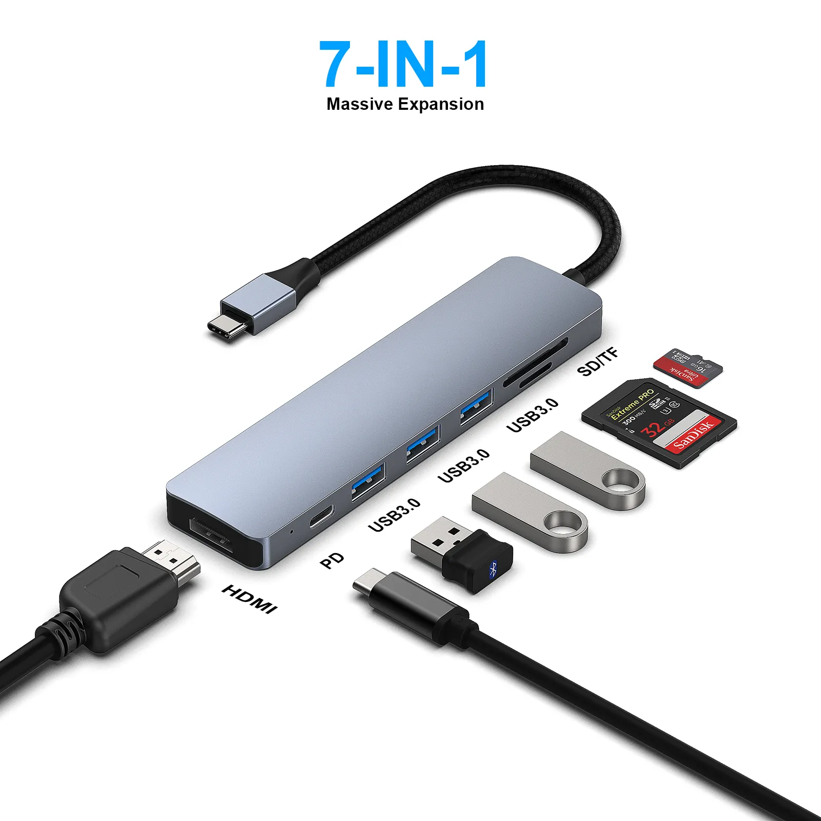 قارئ بطاقات USB/TF متعدد الموانئ 7 في 1 مع منفذ USB-C إلى HDMI بقدرة 4K@60 هرتز/3*USB 3.0/100 وات شحن توصيل طاقة