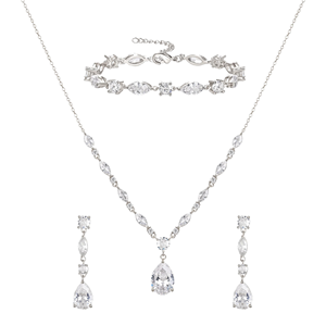 Parure de bijoux de mariée Orelia Luxe en zircon goutte d'eau, plaqué or/or rose/argent, collier et boucles d'oreilles en argent tibétain, taille poire - Product Image 1