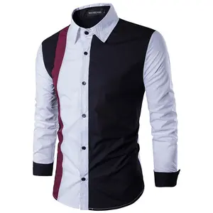 Fashion men patchwork top long sleeve lapel button-up shirt on sale