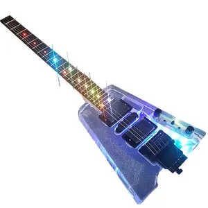 OEM ODM Gleroy gitar elektrik tubuh akrilik Rosewood fretboard Dot inlayers dengan lampu LED gitar tanpa kepala