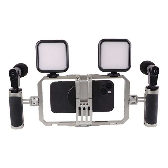Universal Smartphone Video Rig Aluminum Phone Cage W/ Dual Handles/Cold Shoe Mount for Live Stream Filmmaking for IPhone/Android