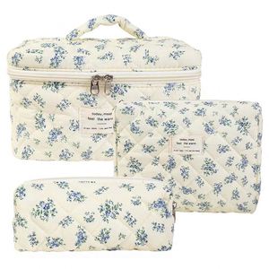 High Quality 3 Pieces Set Quilted Makeup Organizer Bag Floral Cosmetic Storage Bag for Women - Product Image 5