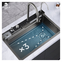 Évier de cuisine multifonctionnel de luxe noir intelligent moderne en acier inoxydable avec cascade, lave-gobelets, écologique, économiseur d'eau 1
