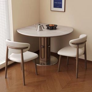 Retro Style Slab Dining <b>Table</b> And Chairs Round Foldable Solid Wood Telescopic For Home Small Apartment Use - Product Image 1