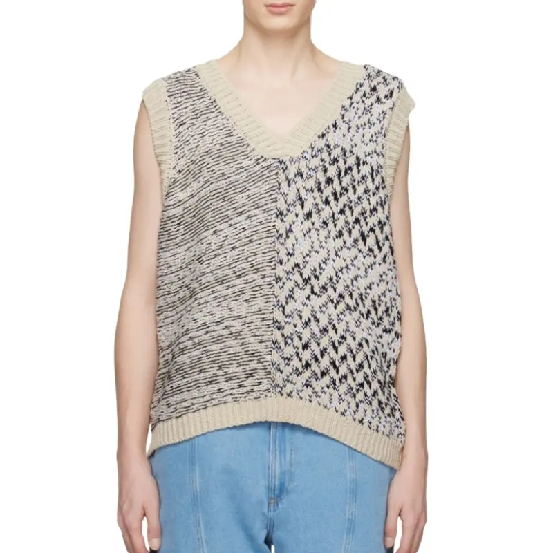 2023 OEM ODM Custom design jacquard striped design V-neck loose knitted sleeveless men pullover sweaters vest