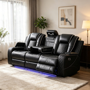 Canapé inclinable électrique de luxe trois places pour home <span class=keywords><strong>cinéma</strong></span> avec haut-parleur Bluetooth, éclairage LED, porte-gobelet et surpiqûres diamantées - Product Image 1