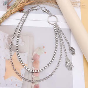 Cadena de cintura con diseño de esqueleto, cadena de metal de doble capa con colgante de calavera y mano fantasma, accesorio de moda estilo Hip Hop para Halloween - Product Image 3