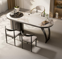 Ensemble de table basse ronde en pierre frittée, table basse avec cadre en acier au carbone courbé et tabourets rembourrés pour salon et réception