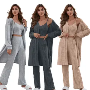 2023 Ladies Night Dress Lounge Wear Sets Benutzer definierte Luxus Bambus Kleidung Baumwolle Pyjamas Damen Sets Modal Pyjamas Top Robe Hosen