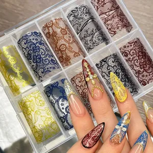 10Rolls Retro Colorful Lace Foil Transfer Nail <b>Stickers</b> Brown Blue Red Hollow Lace Nail Decals Starry Sky Foils Nail <b>Stickers</b> D4 - Product Image 1