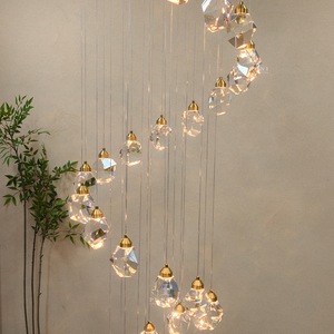 Lustre en cristal en spirale pour villa, avec cristaux facettés transparents et éclairage LED, pour plafond haut, lampe suspendue pour atrium - Product Image 6