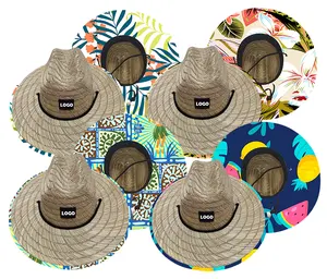 Fashion Cowboy Natural Lifeguard Straw Hats With Embroidered Logo Printing Pattern Sun Fishing Wide Brim Custom Beach Straw Hats