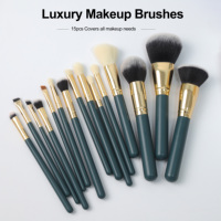 Ensemble de pinceaux de maquillage EMF Professional vert foncé 15 pièces Or Vegan Cruelty Free Cheveux doux Fond de teint Marque privée Pinceaux de maquillage