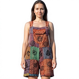 Nuevo y Elegante Mono Corto sin Mangas con Cuello Cuadrado y Cintura Alta, de Algodón con Parches, para Mujer, Diseño Vintage, Cómodo, para Verano - Product Image 1