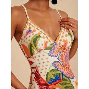 Robe midi sans manches à col en V avec imprimé tropical pour femme, robe de plage à fente pour les vacances - Product Image 5