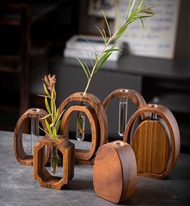 Support de vase en <span class=keywords><strong>bois</strong></span> créatif avec tube en verre ou en acrylique, pot hydroponique pour arrangement floral de bureau, décoration rustique pour la maison - Product Image 1