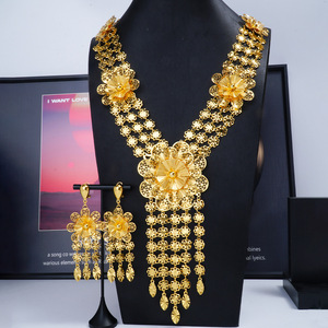サウディ花嫁ステートメントジュエリーセット 24K 金メッキ多層花タッセルネックレスイヤリング贈り物 - Product Image 2