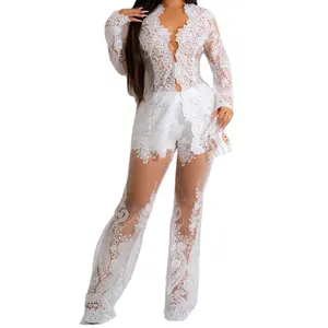 Женский комплект из двух предметов, элегантный кружевной кардиган с вышивкой из прозрачной сетчатой ткани с длинным рукавом и широкие брюки