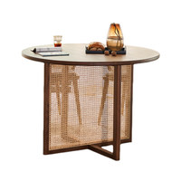 Ensemble de table à manger ronde en bois massif, chaise de salle à manger avec dossier en rotin, coussin en PU, meubles de salle à manger